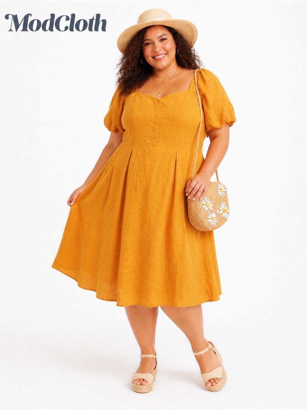 MODCLOTH Mustard Clip Dot Midi Dress